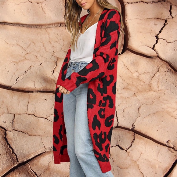 LONG SLEEVE RED LEOPARD PRINT KNIT CARDIGAN - Picture 2 of 4